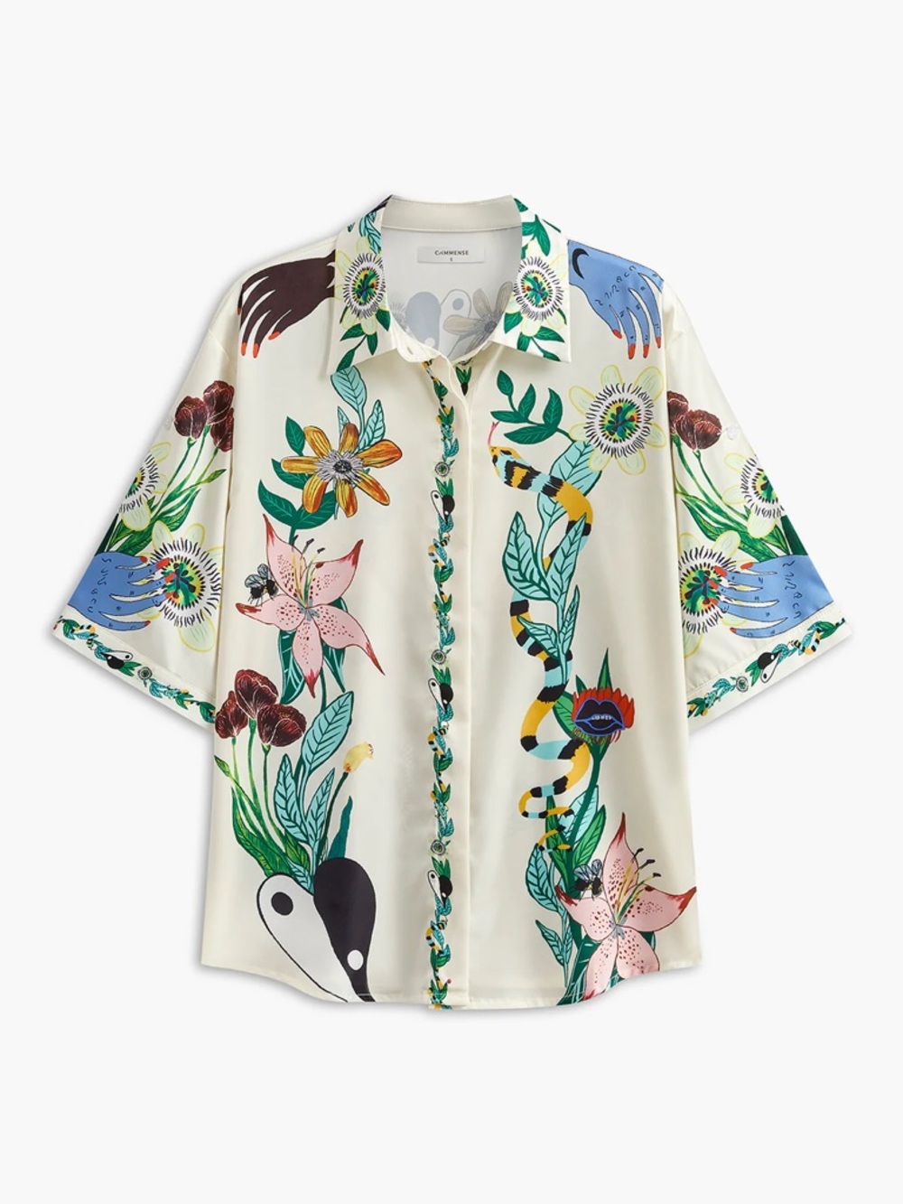 Commense Floral Cream Button Down Satin Top Size XS Boho Artistic Bold